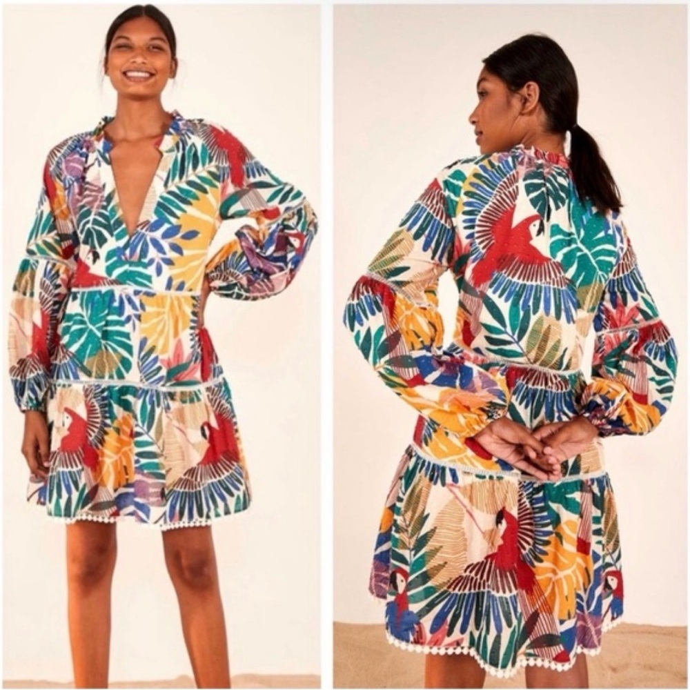 FARM Rio Multicolor Long Sleeve Dress Macaw Mini DressXS EUC Resortwear Vacation - Picture 10 of 11